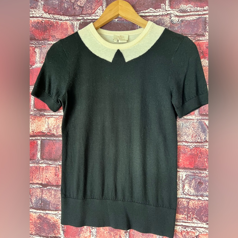 Kate Spade Emma Black Contrast Peter Pan Collar Pima Cotton Sweater Top XS